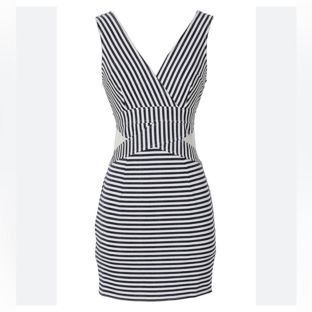 Bniina Navy Striped Plunging Neckline Mesh Insert Sleeveless Bodycon Dresses